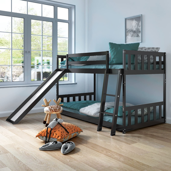 KOMFOTT Wood Bunk Bed Twin Over Twin, Bunk Bed Frame w/ Convertible Slide, Inclined Ladder & Safety Guardrails for Kids