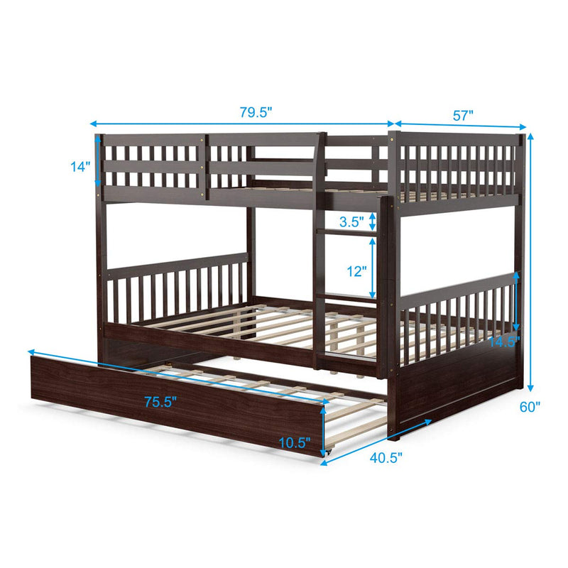 Bunk Bed with Trundle, Full Over Full Bunk Beds with Ladder, Solid Wood Trundle Bed with Rails