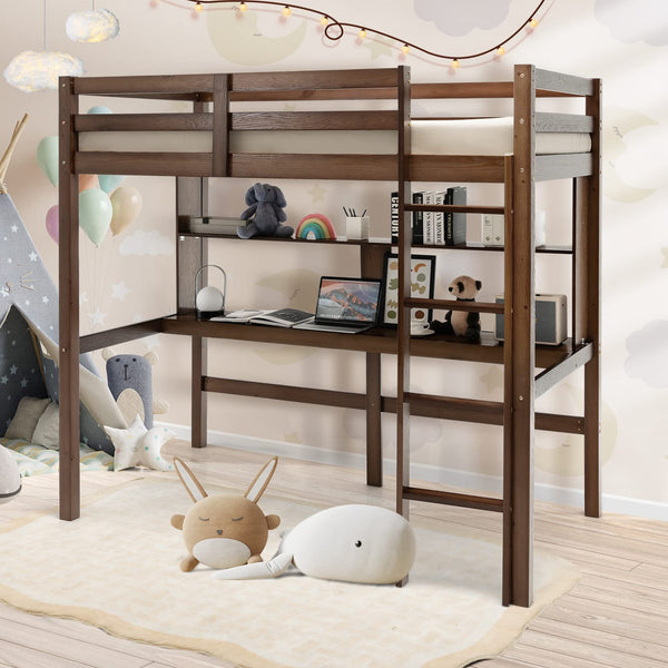 KOMFOTT Twin Loft Bed with Desk, Wood Loft Bed for Kids with Ladder, Solid Pine Wood Frame