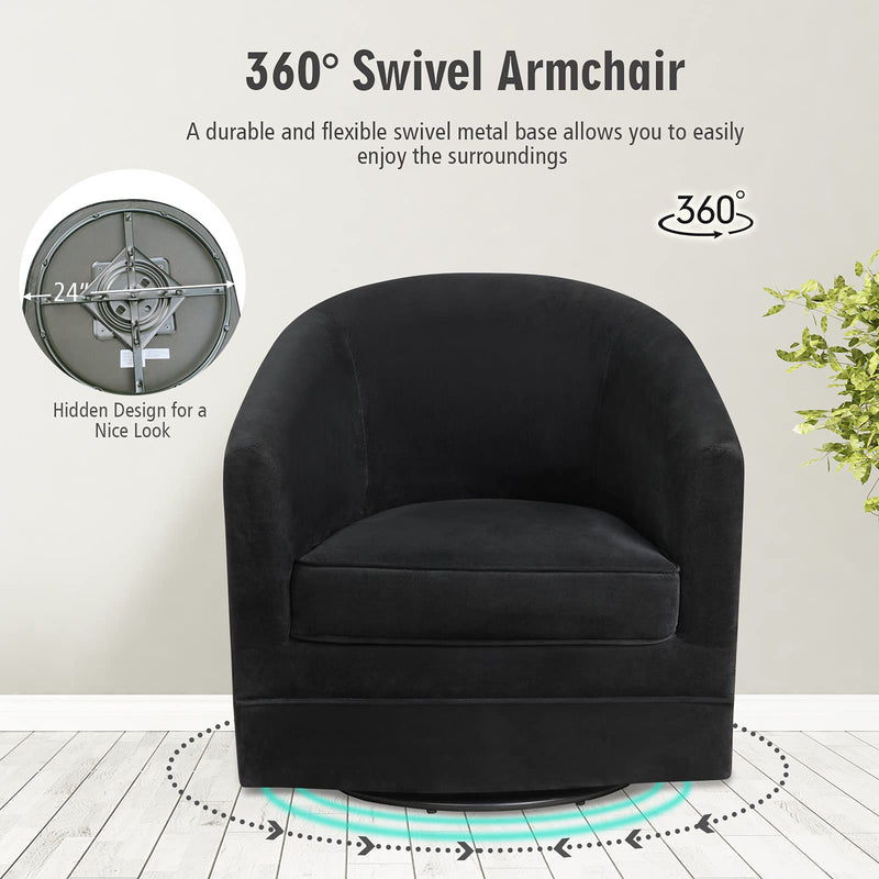 Velvet Round Barrel Chair with 360-Degree Swivel Metal Base, Black