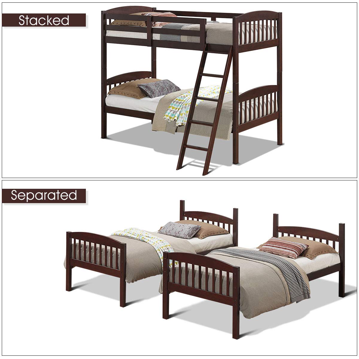 Bunk Bed for kids, Bed Frame w/Ladder Guardrail KOMFOTT