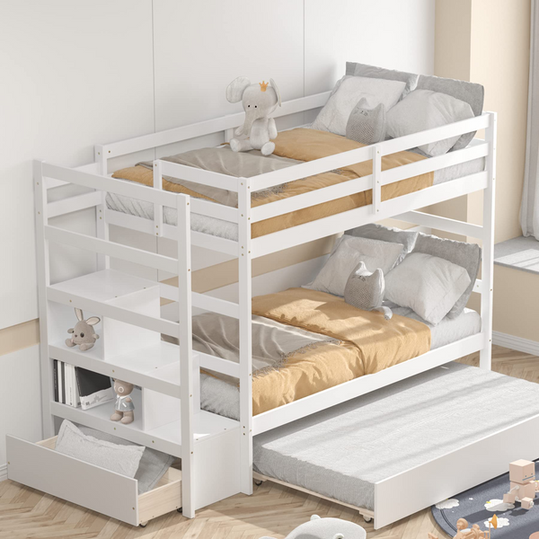 KOMFOTT Twin Over Twin Bunk Bed with Trundle & Staircase, Wooden Bunk Bed Frame with Storage Shelves & Drawer ( White)