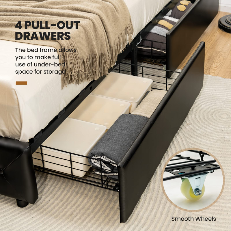 Upholstered PU Leather Platform Bed Frame w/ 4 Storage Drawers