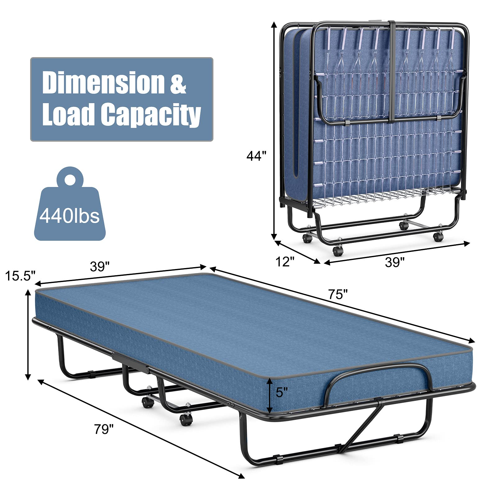 Twin Size Portable Rollaway Guest Bed w 5 Mattress KOMFOTT