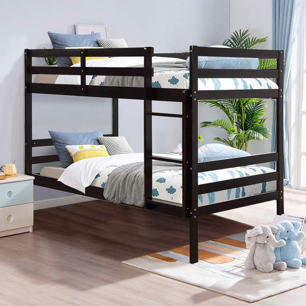 KOMFOTT Wooden Bunk Bed Twin Over Twin, Bunk Bed with Ladder & Safety Guardrail, Solid Wood Bed Frame