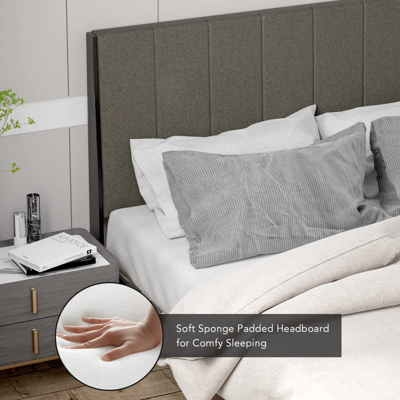Upholstered Bed Frame, Wooden Slats Support Queen Mattress Foundation, Grey