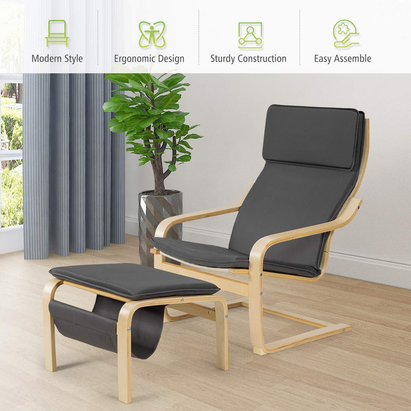Wooden Lounge Chair with Ottoman, Modern Accent Armchair Leisure Chair with Removable Cushion
