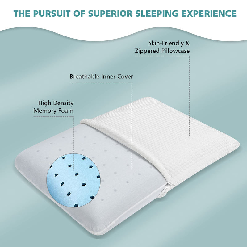 Memory Foam Pillow, Ventilated Comfortable Ergonomic Bed Pillow w/ Zippered Washable Cover