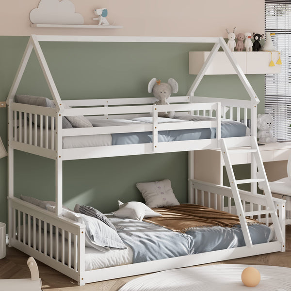 KOMFOTT Wood Twin Over Full House Bunk Bed with Built in Ladder