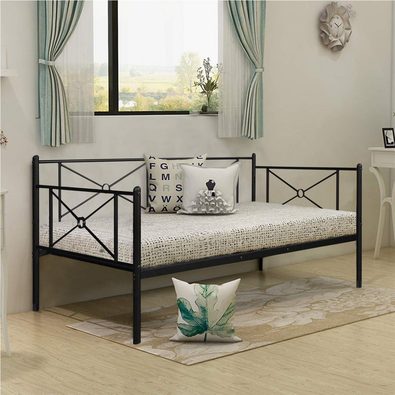 Metal Daybed Twin Bed Frame w/ Headboard, Stable Steel Slats Support