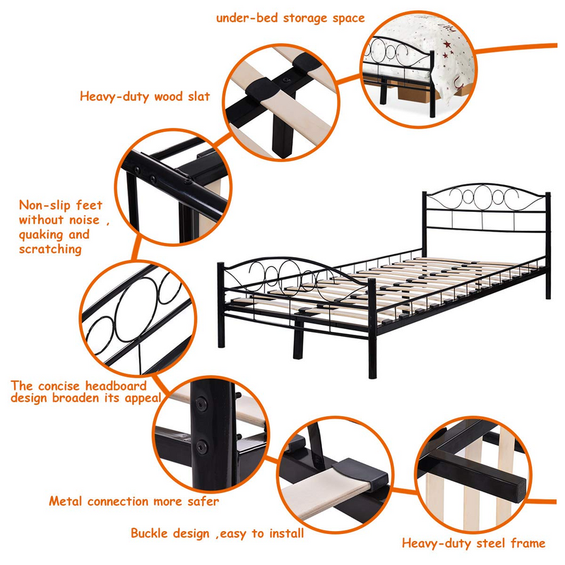 Wood Slats Steel Bed Frame Platform Headboard Footboard Bedroom (Twin, Black)