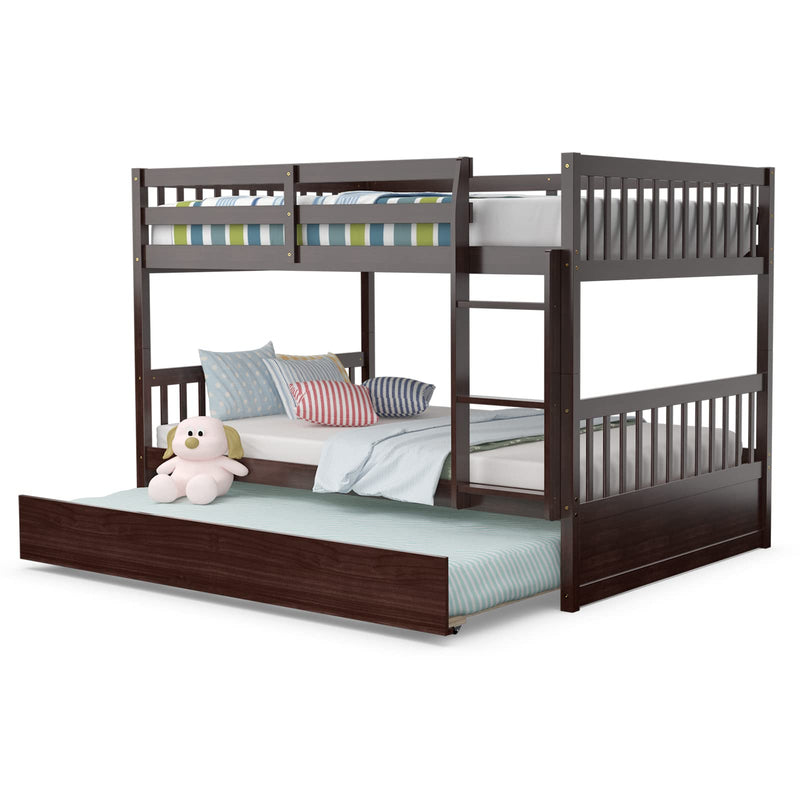 Wood Full Over Full Bunk Bed with Trundle, Bunk Bed Frame with Ladder, Solid Wood Frame & Safety Guardrails