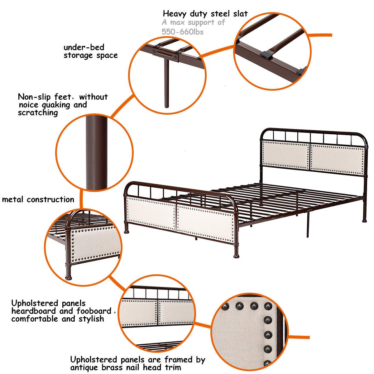 KOMFOTT Queen Size Metal Bed Frame with Button Tufted Headboard & Footboard