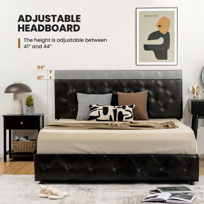 Upholstered PU Leather Platform Bed Frame w/ 4 Storage Drawers