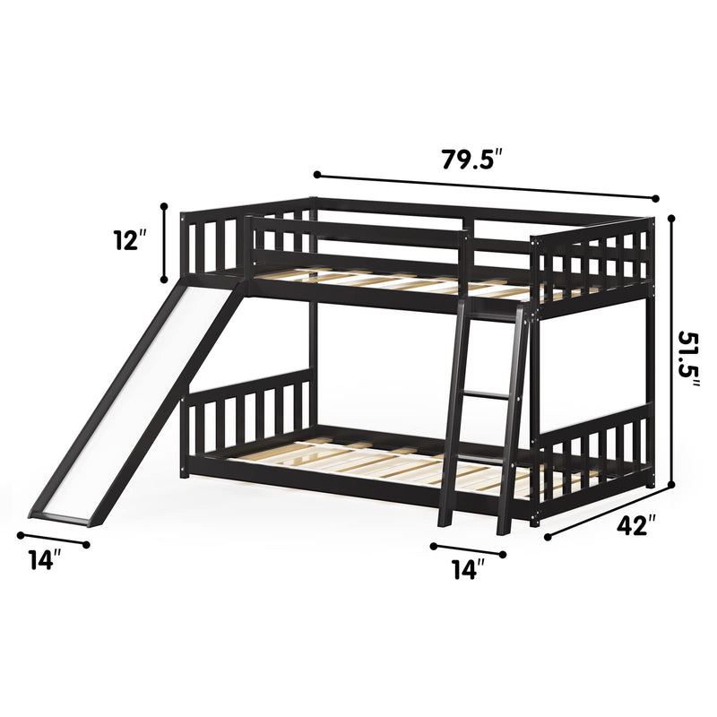 KOMFOTT Wood Bunk Bed Twin Over Twin, Bunk Bed Frame w/ Convertible Slide, Inclined Ladder & Safety Guardrails for Kids