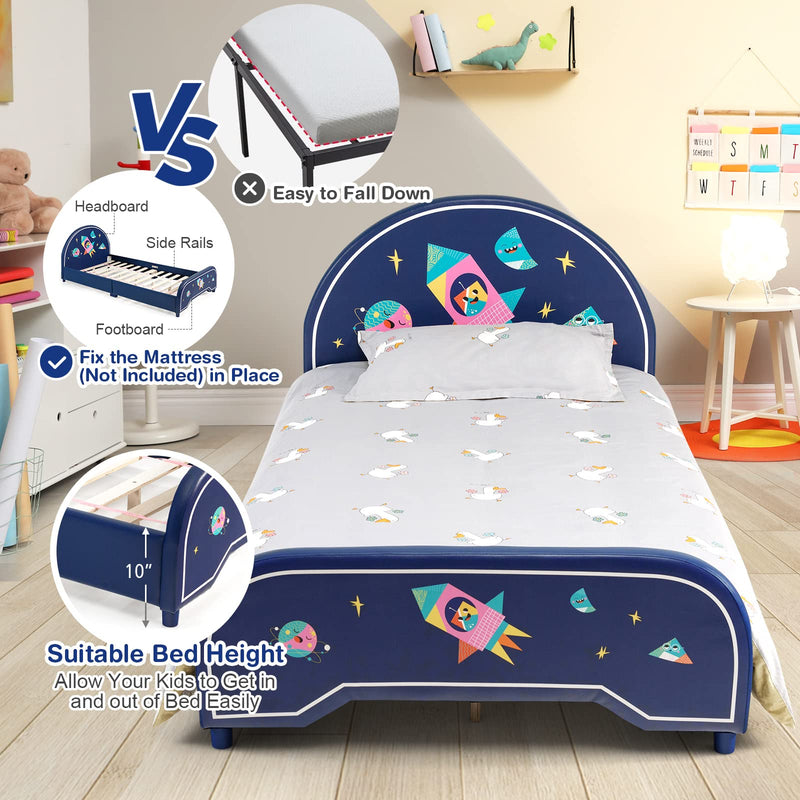 KOMFOTT Twin Bed Frames for Kids, Wood Upholstered Twin Bed Platform with Slat Support, Padded Headboard&Footboard