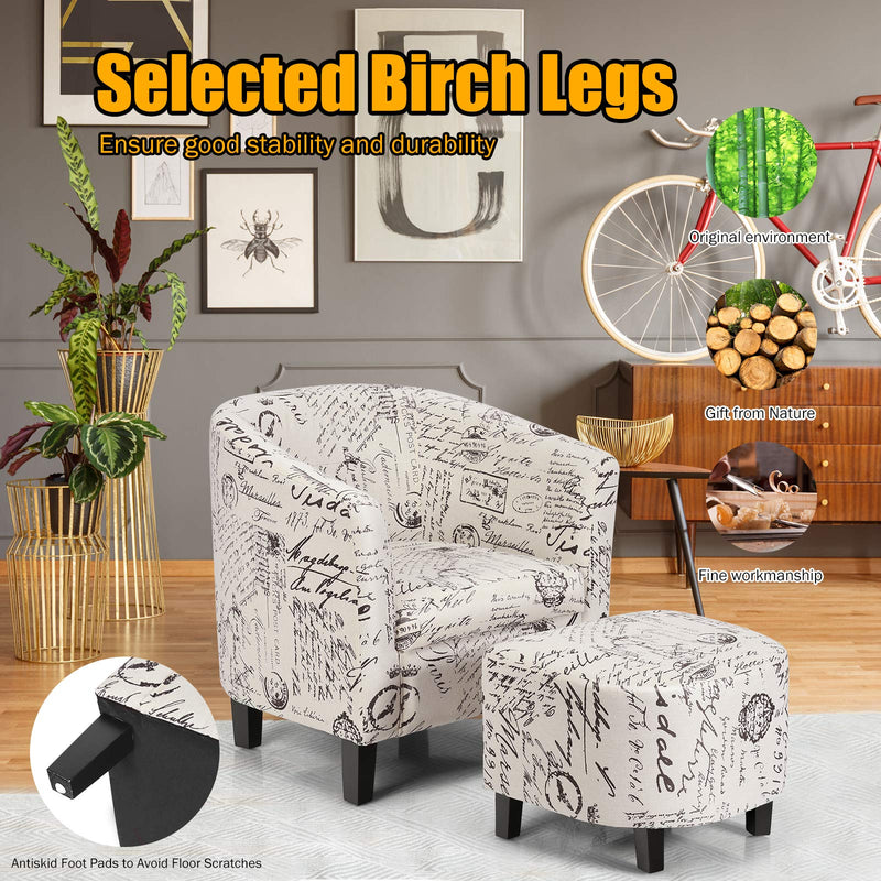 Upholstered Modern Living Room Barrel Accent Tub Chair with Ottoman Foot Rest