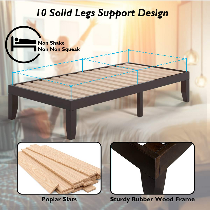 KOMFOTT 14 Inches Wood Platform Bed Frame, Solid Wood Mattress Foundation with Rubber Wood Frame