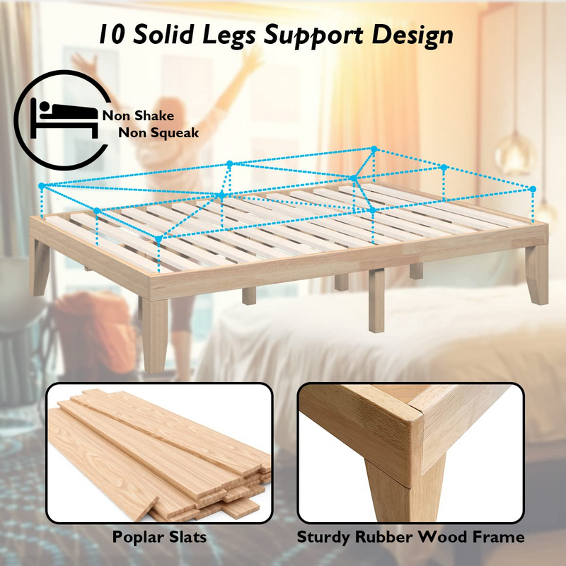 KOMFOTT Bed with 10-Inch Mattress, Solid Wood Platform Bed Frame with Gel Memory Foam Mattress