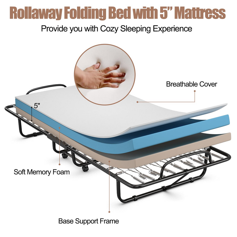 Folding Guest Bed with Mattress,  Twin Size  Portable Rollaway Bed 5-Inch Memory Foam Mattress