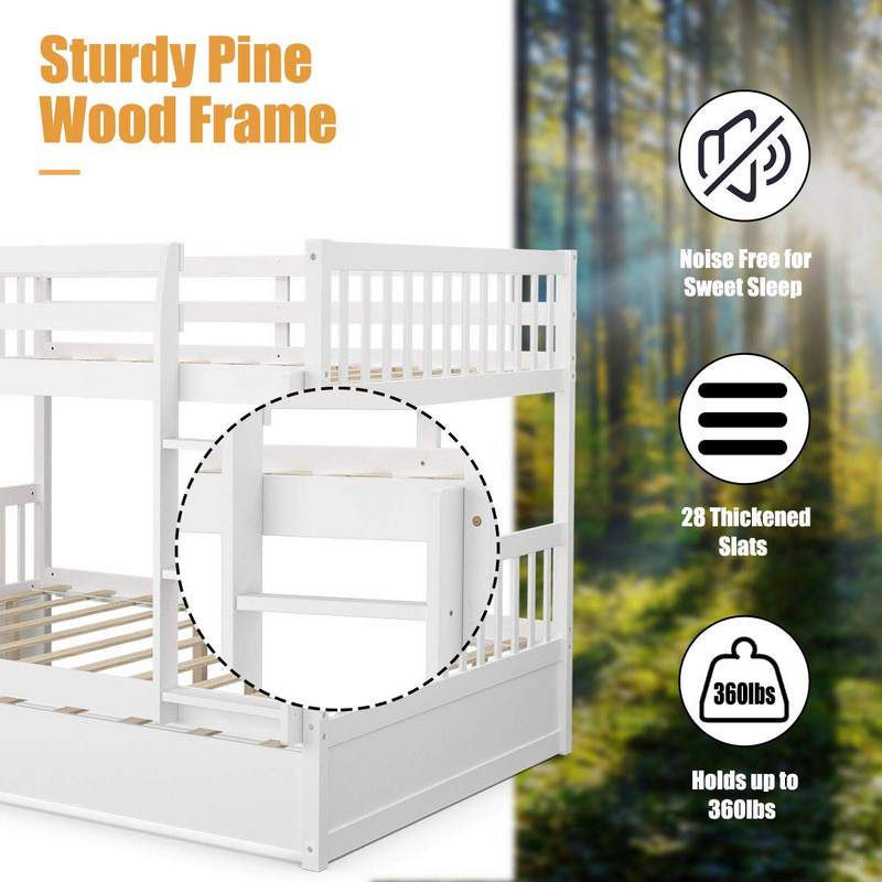 Wood Full Over Full Bunk Bed with Trundle, Bunk Bed Frame with Ladder, Solid Wood Frame & Safety Guardrails