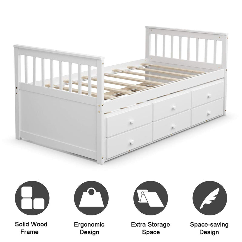 KOMFOTT Wooden Captain Bed Twin Size with Drawers and Trundle Bed