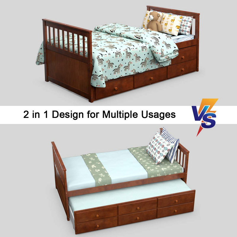Twin Captain’s Bed with Trundle Bed, Wood Storage Daybed with 3 Storage Drawers