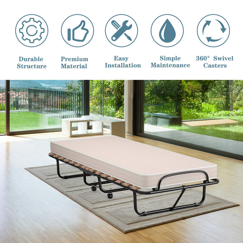 Portable Rollaway Bed with 4" Beige Memory Foam Mattress for Adults and Guests