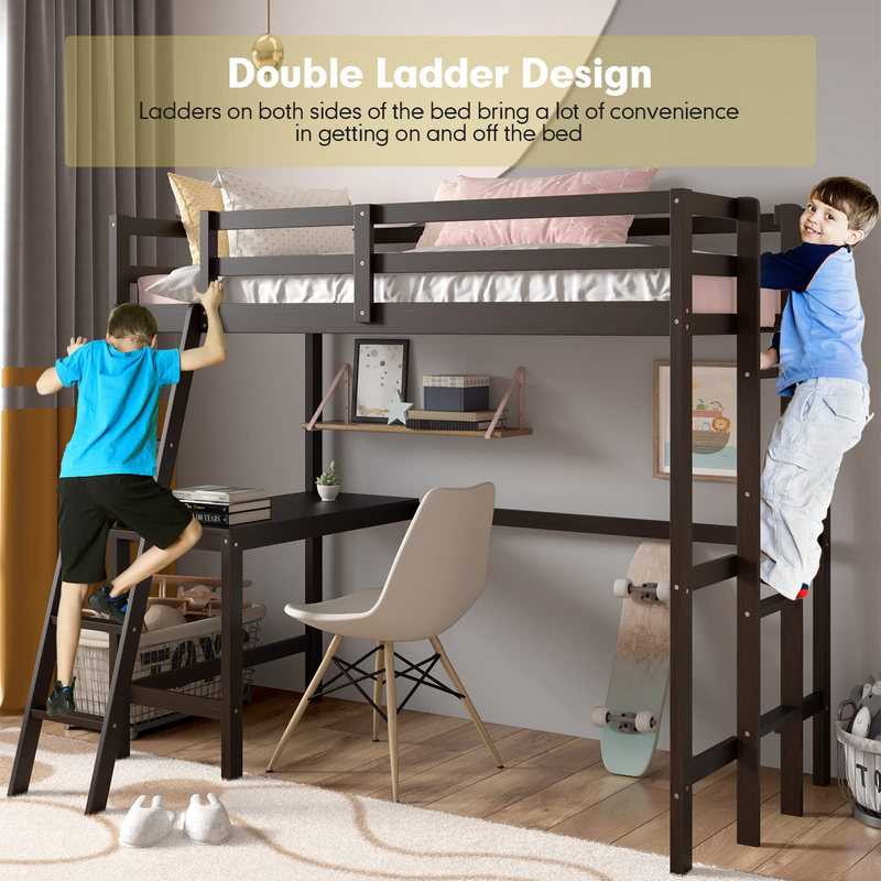 KOMFOTT Twin Loft Bed with Desk, Solid Wood Loft Bed Frame with 2 Ladders, Safety Guardrail for Teenagers and Adults