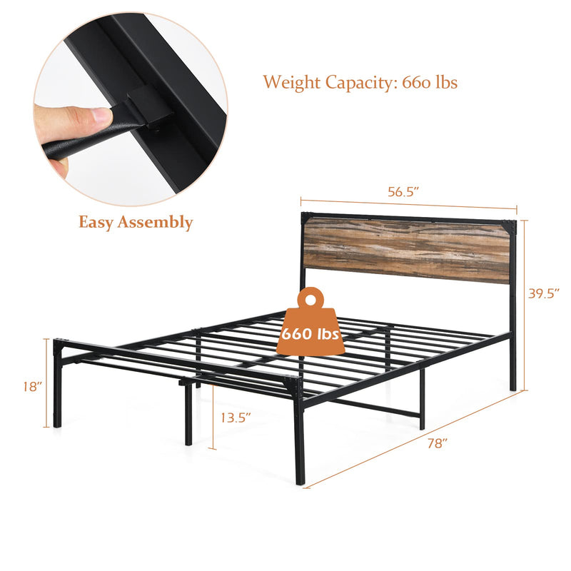 Metal Bed Frame with Wood Headboard, No Box Spring Needed, Easy Assembly