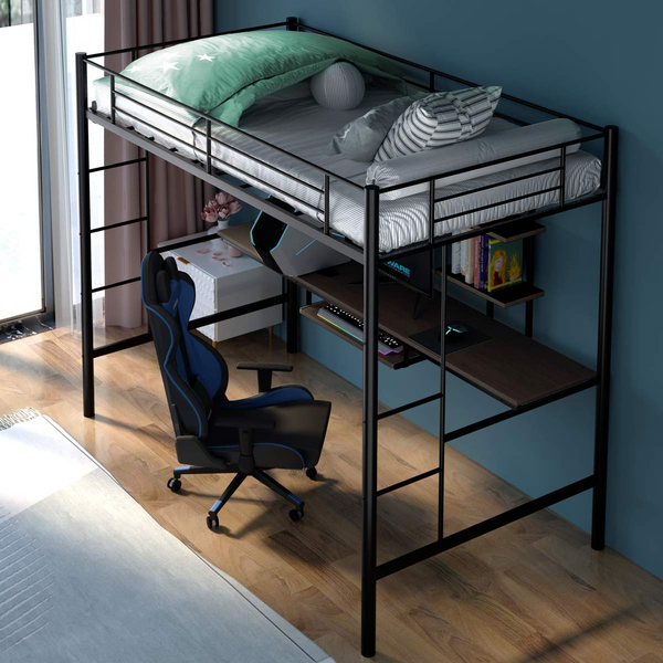 Metal Loft Bed Frame, Twin Size Bunk Bed with Bilateral Ladders, Guardrails, Desk and Bookcase