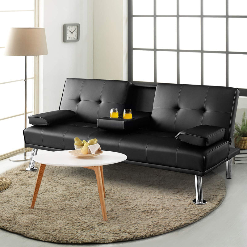 Convertible Futon Sofa Bed with Removable Armrests 2 Cup Holders for Guest