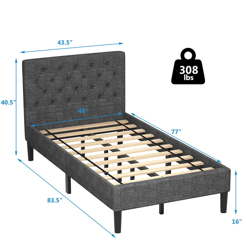 Twin Size Bed Frame, Button Stitched Headboard, Bed Mattress Foundation