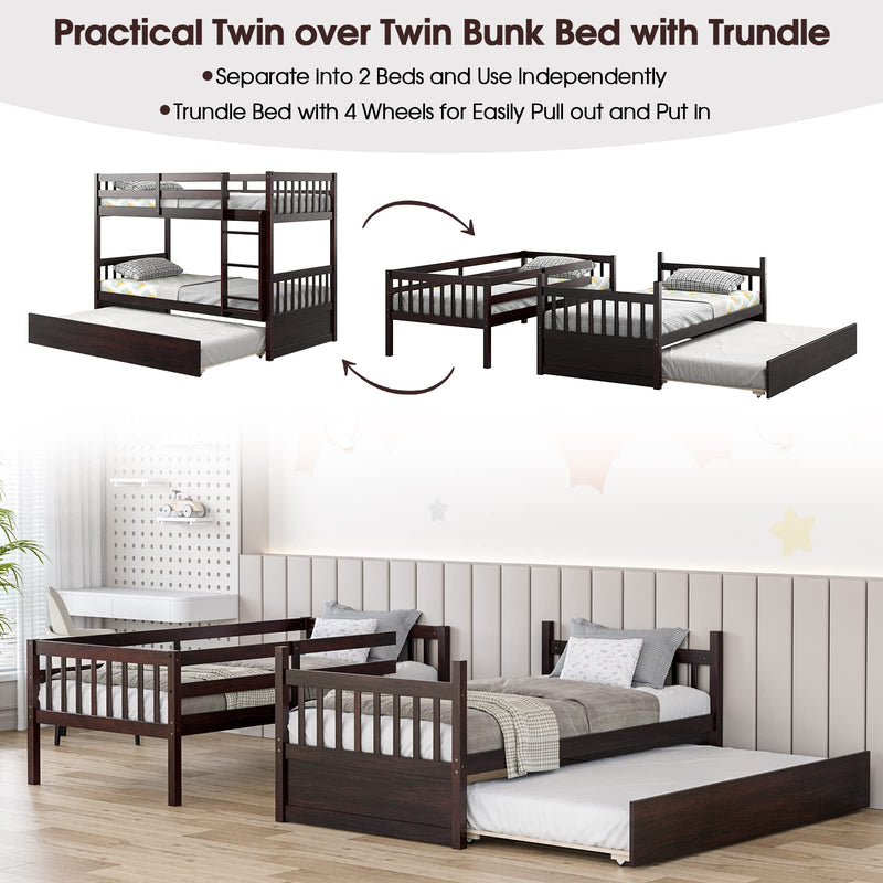 KOMFOTT Wood Bunk Bed with Trundle Twin Over Twin, Convertible Bed Frame with Ladder, Solid Wood Frame & Safety Guardrails