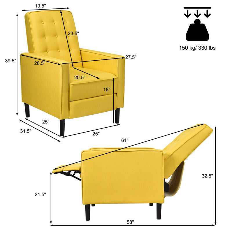 Komfott Push Back Recliner Chair, Modern Fabric Recliner w/Button-Tufted Back