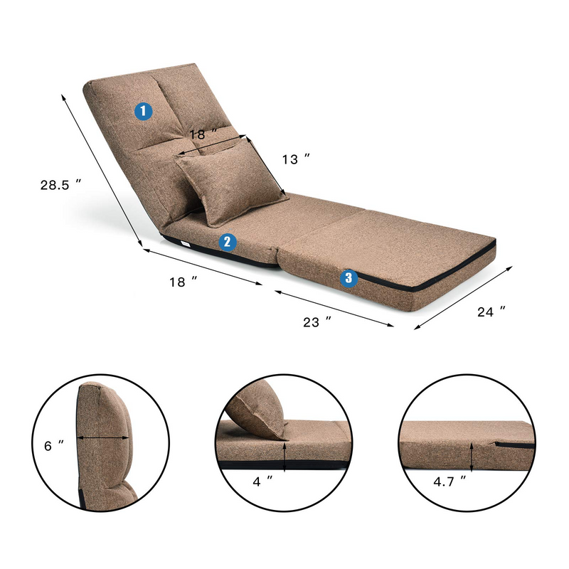 6-Position Reclining Backrest Convertible Floor Sofa Bed with One Pillow