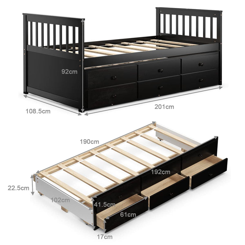 KOMFOTT Wooden Captain Bed Twin Size with Drawers and Trundle Bed