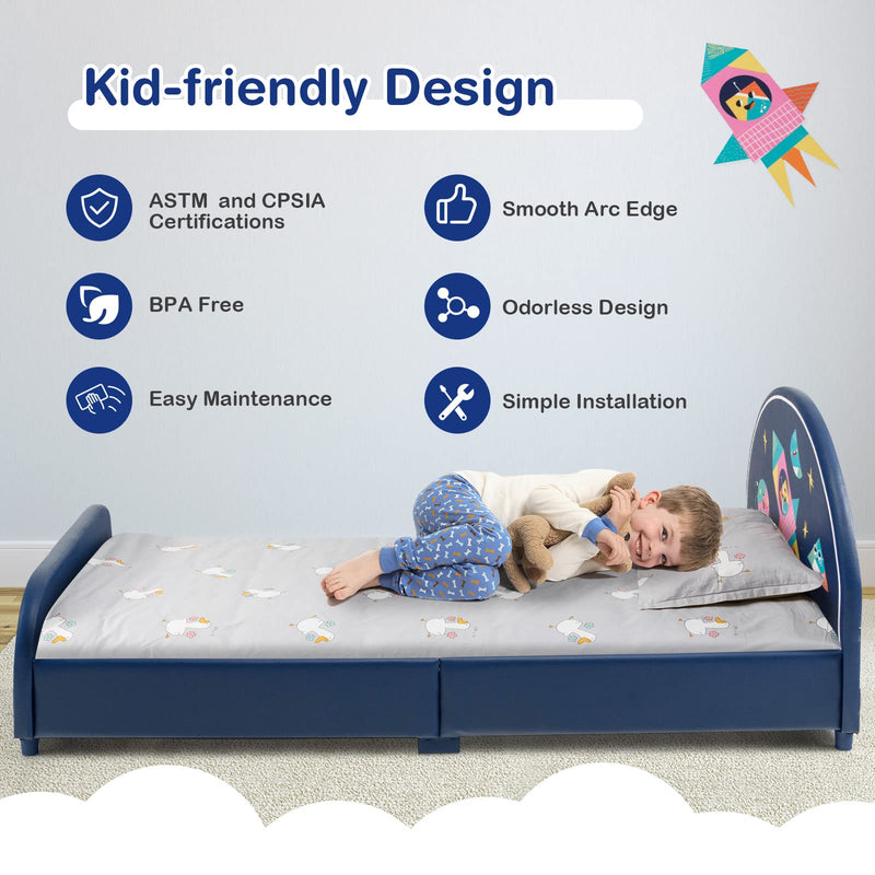 KOMFOTT Twin Bed Frames for Kids, Wood Upholstered Twin Bed Platform with Slat Support, Padded Headboard&Footboard