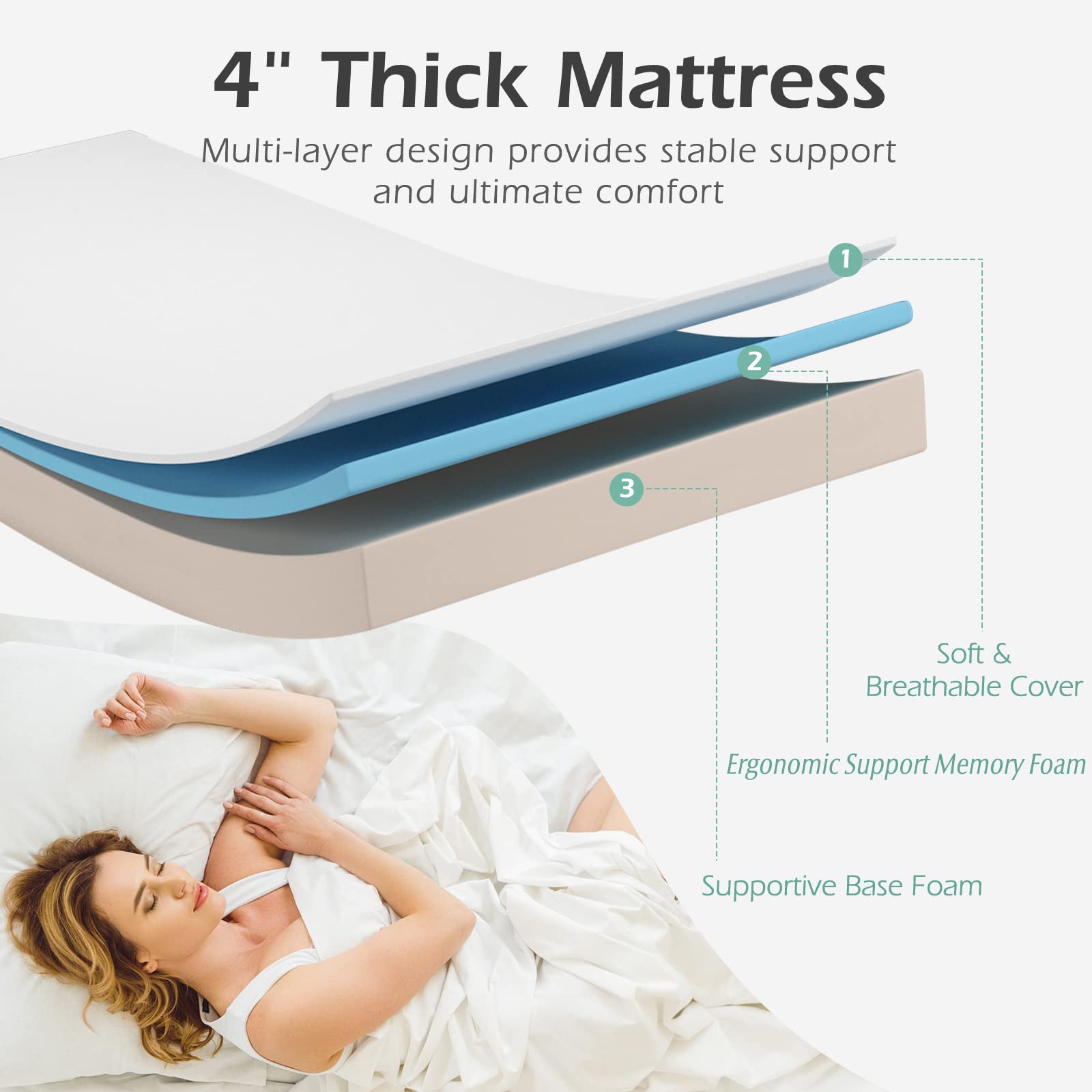 KOMFOTT Folding Bed with 4 Inch Mattress, Storage Cover and Memory Foam Mattress