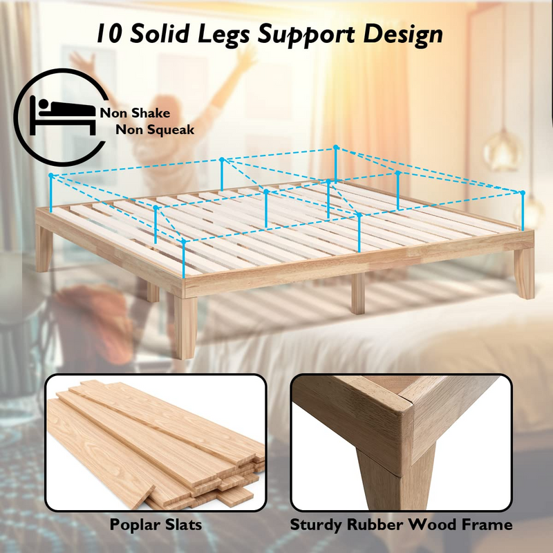 KOMFOTT 14 Inches Wood Platform Bed Frame, Solid Wood Mattress Foundation with Rubber Wood Frame