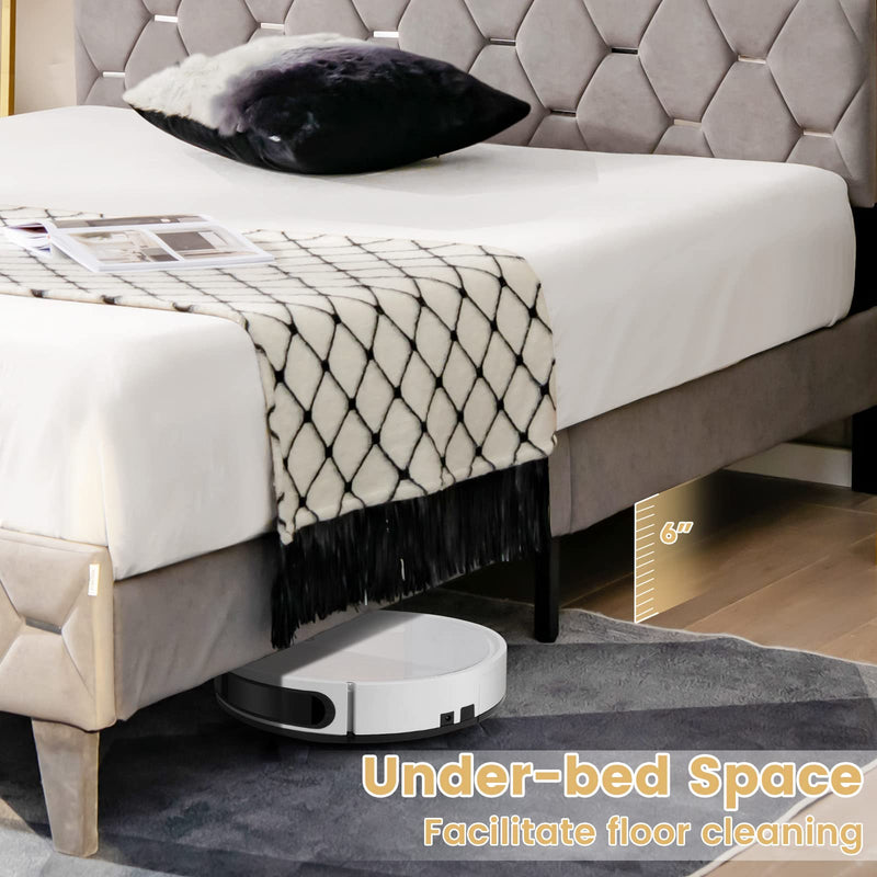 KOMFOTT Upholstered Full/Queen Bed Frame with Storage Headboard, Platform Bed Frame