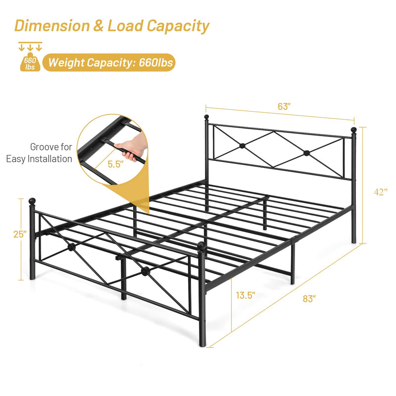 Metal Bed Frame, Headboard & Footboard, Heavy-Duty Steel Slat, Easy Assembly