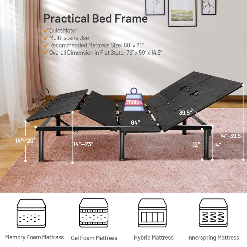 Komfott Electric Bed Frame w/ Dual USB Ports & Under Bed LED Lights Adjustable Head & Foot for Home Dormitory