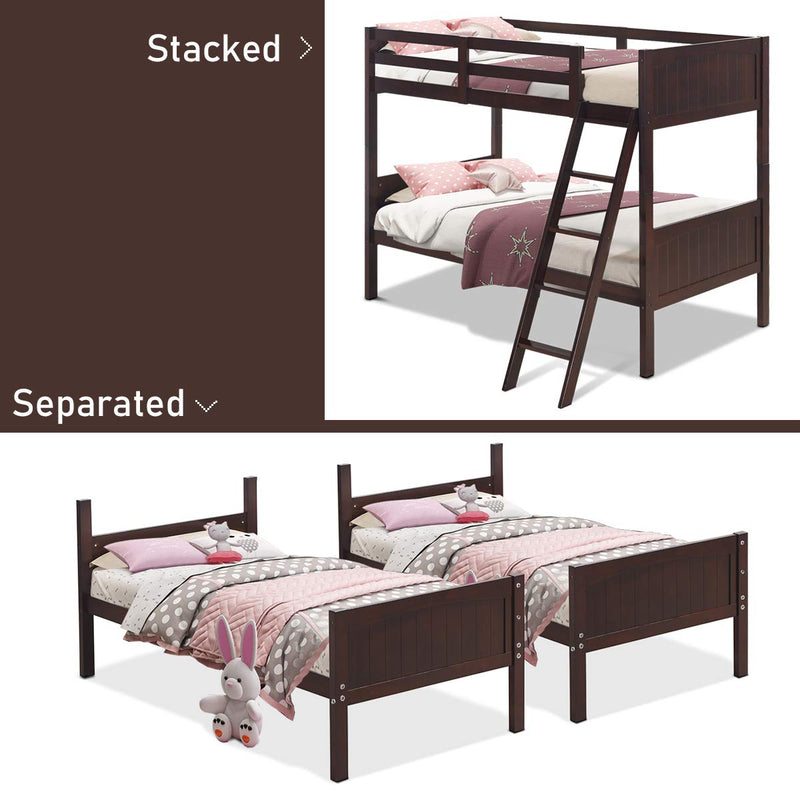 KOMFOTT Twin Over Twin Bunk Beds, Convertible Into Two Individual Solid Rubber Wood Beds, Children Stylish Sleeping Bedroom Furniture