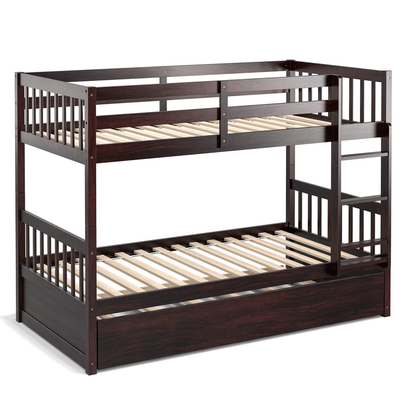 KOMFOTT Wood Bunk Bed with Trundle Twin Over Twin, Solid Pine Wood Bunk Bed Frame