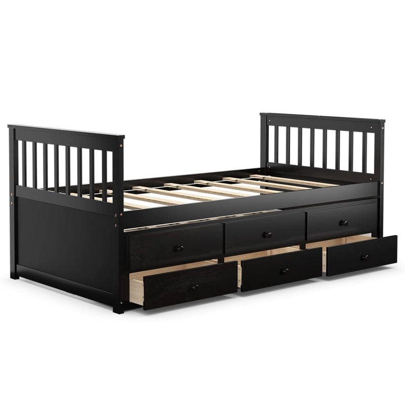 KOMFOTT Wooden Captain Bed Twin Size with Drawers and Trundle Bed