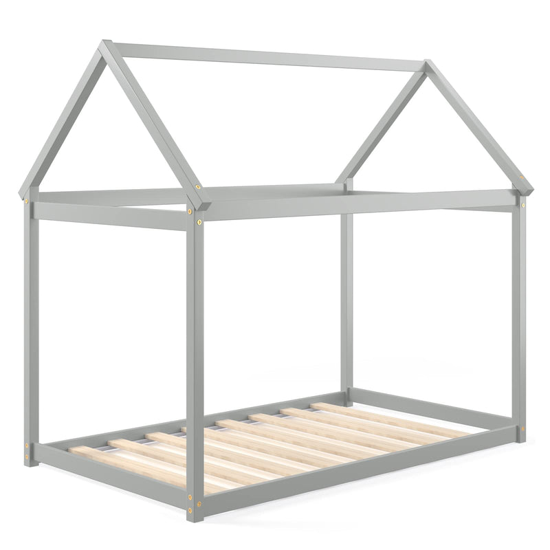KOMFOTT Twin House Bed Frame for Kids, Solid Wood Kids Platform Floor Bed with Roof & Multiple Slats