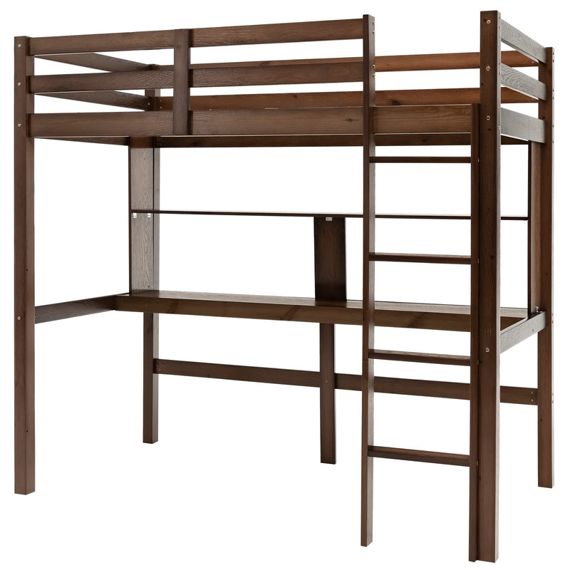 KOMFOTT Twin Loft Bed with Desk, Wood Loft Bed for Kids with Ladder, Solid Pine Wood Frame
