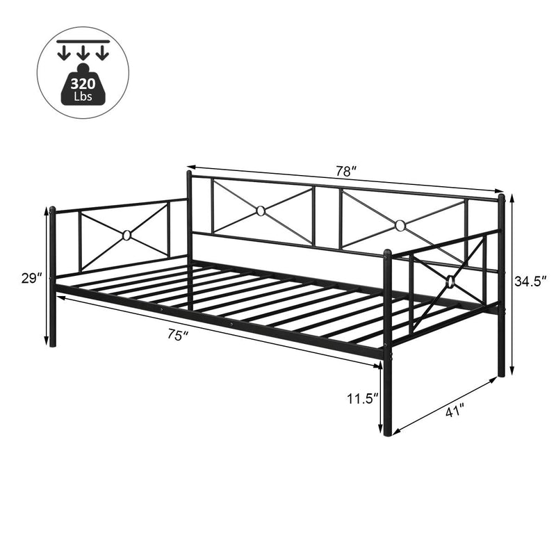 Metal Daybed Twin Bed Frame w/ Headboard, Stable Steel Slats Support