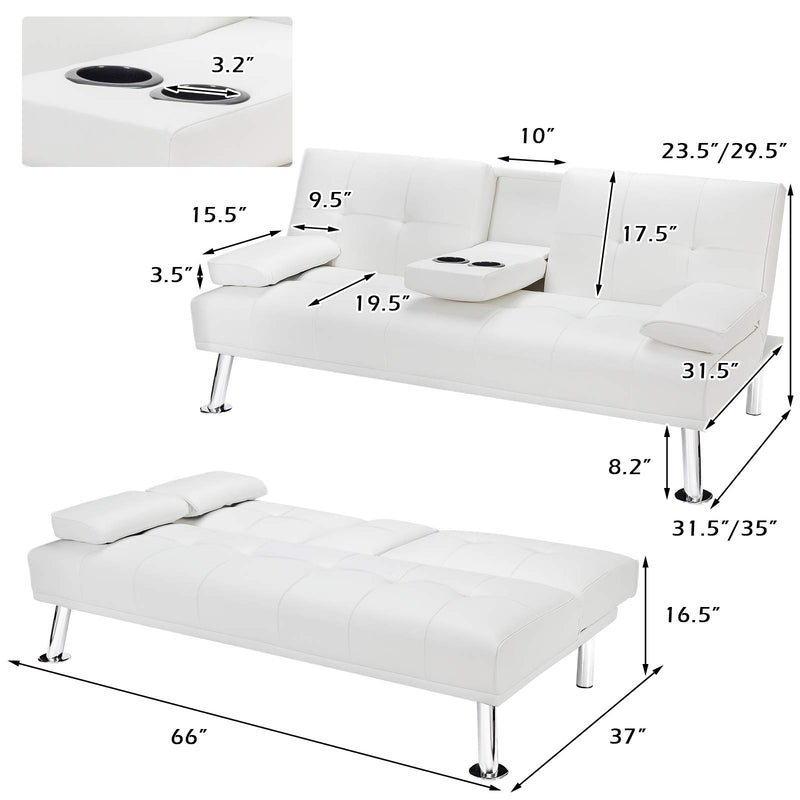 Convertible Futon Sofa Bed with Removable Armrests 2 Cup Holders for Guest